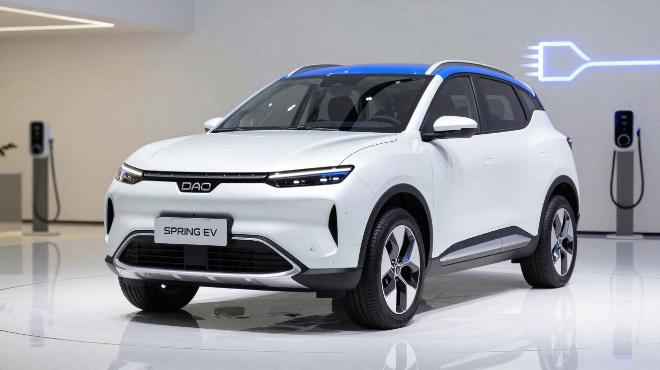 Voiture électrique blanche DAO Spring EV exposée dans un showroom moderne avec borne de recharge en arrière-plan.