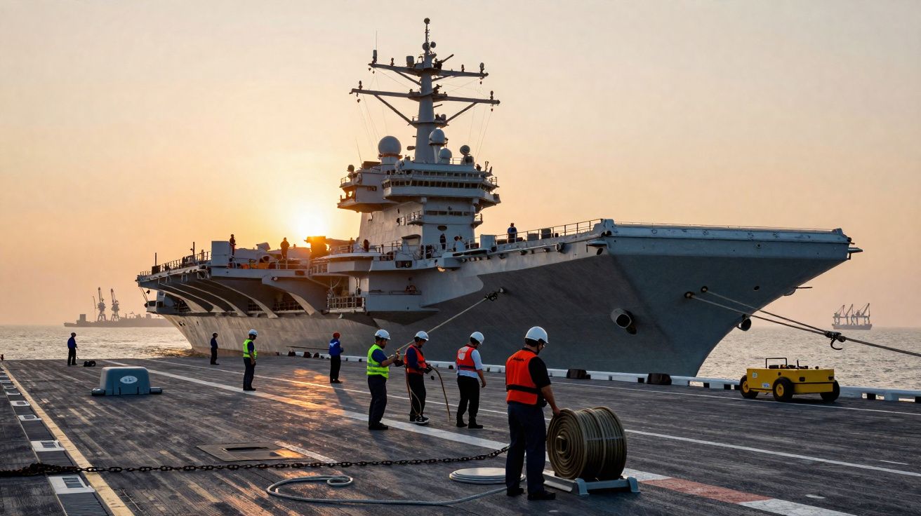 Porte-avions au port au coucher du soleil avec marins en gilets de sécurité travaillant sur le quai.