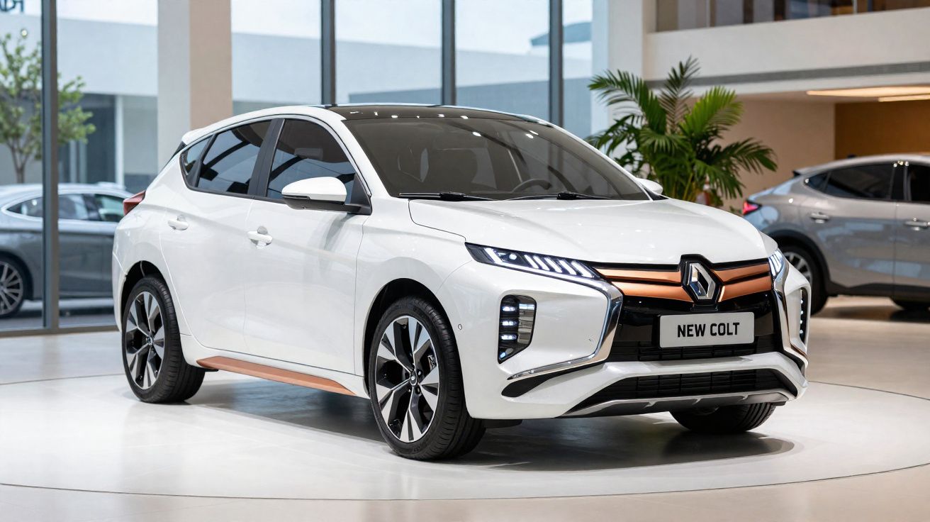 Voiture blanche Renault New Colt exposée dans un showroom moderne avec baies vitrées et plantes vertes.