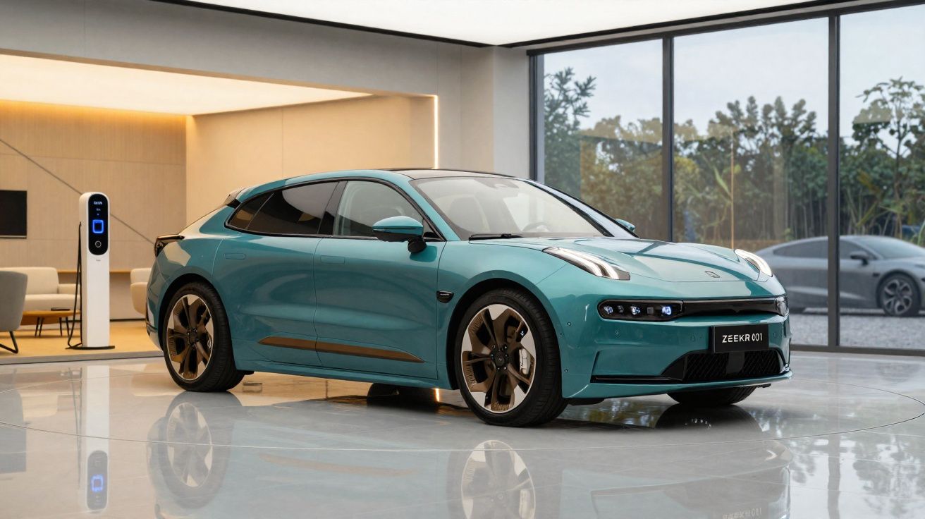 Voiture électrique bleu vert brillante en showroom moderne avec borne de recharge et grandes fenêtres.