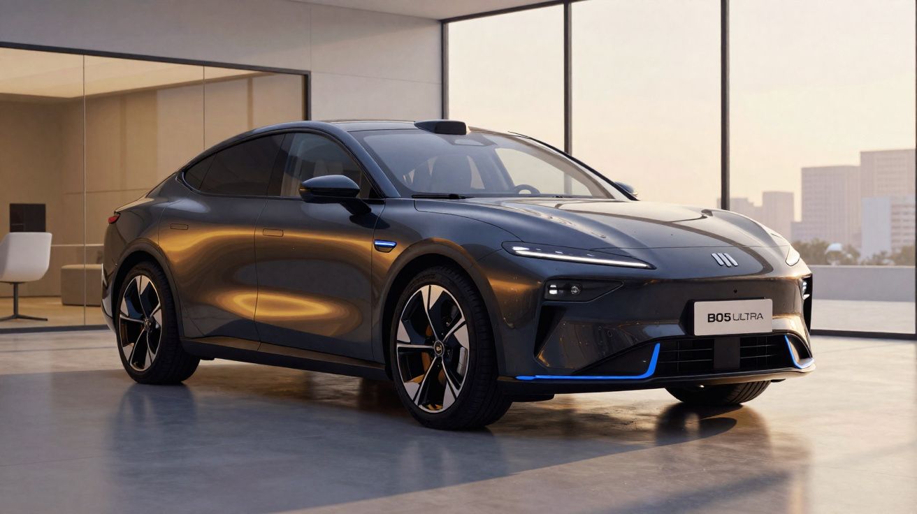 Voiture électrique noire moderne positionnée dans un intérieur lumineux avec de grandes fenêtres panoramiques.