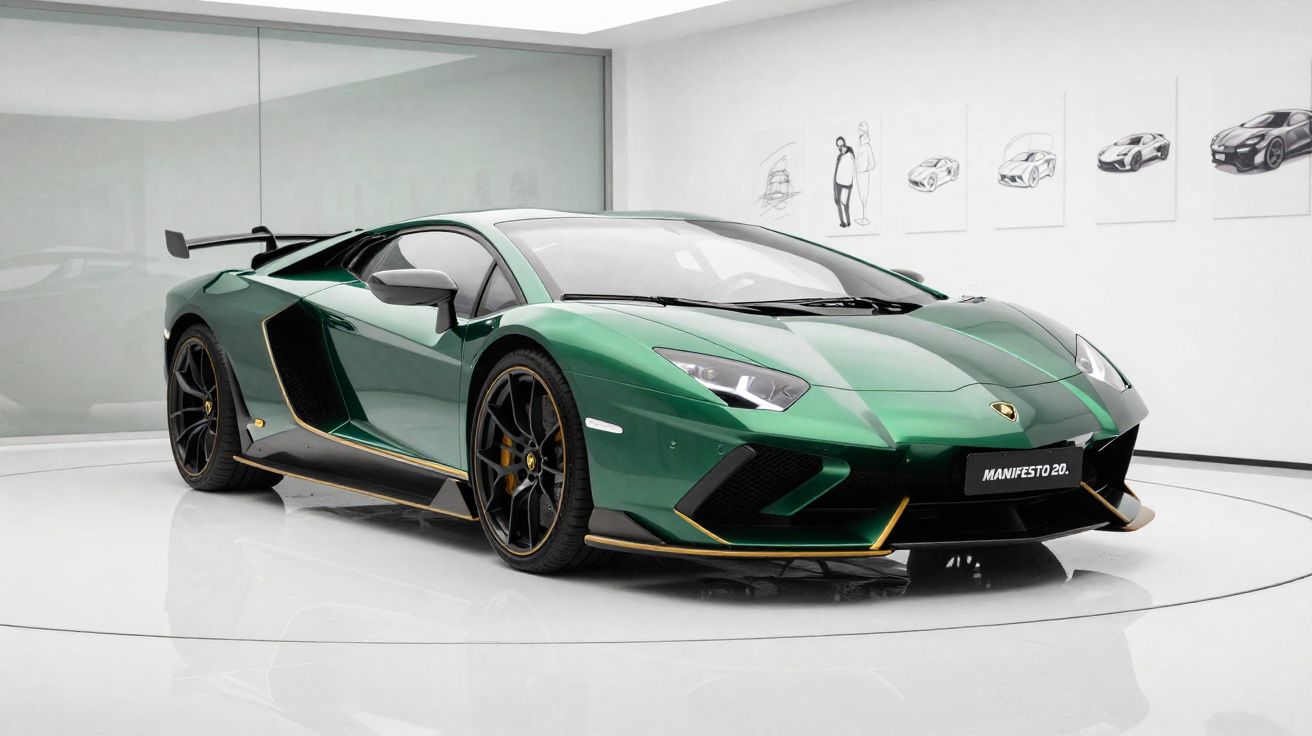 Voiture de sport Lamborghini verte exposée dans une salle d'exposition blanche moderne.