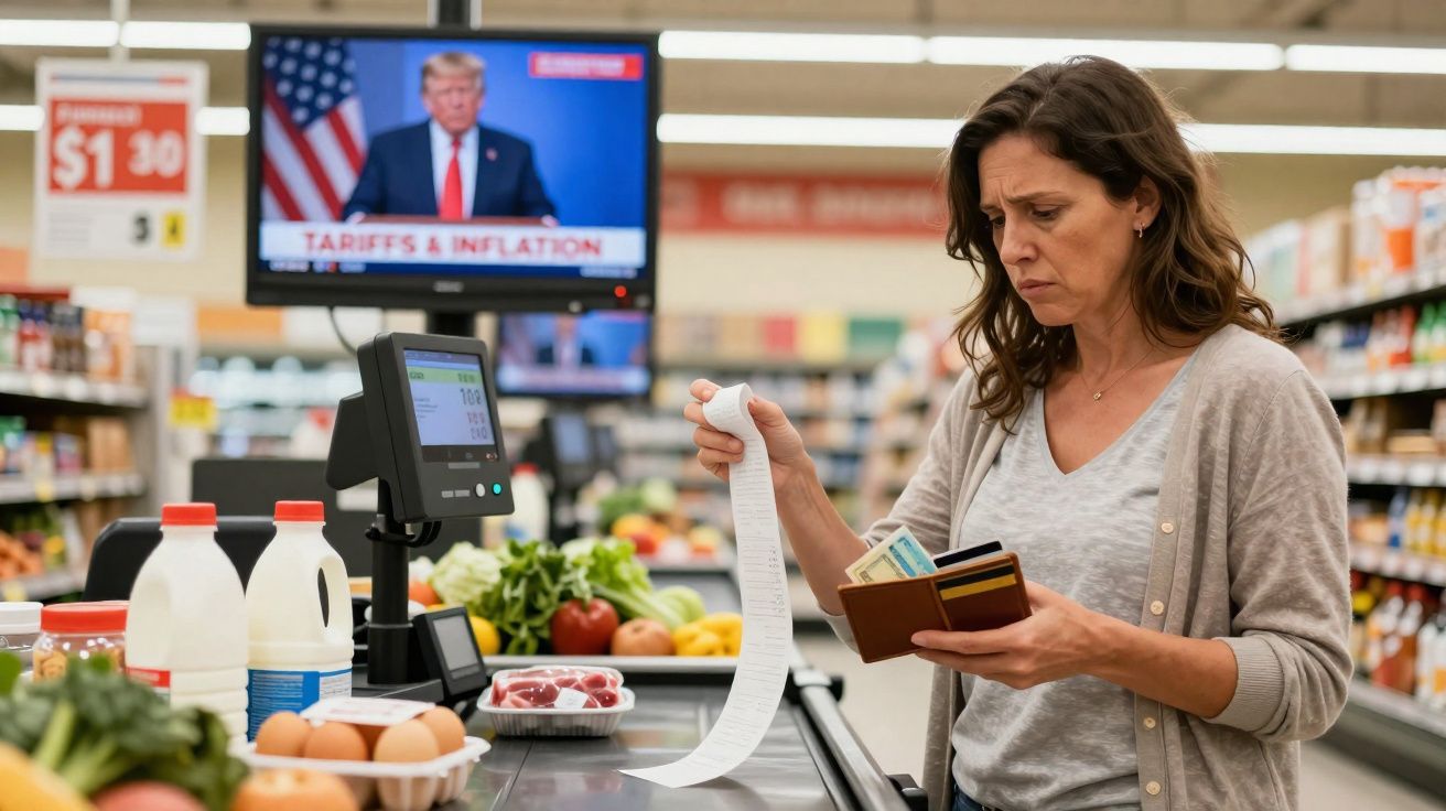 Femme au supermarché regarde long reçu de caisse en tenant son portefeuille, télévision montrant un discours politique en arr