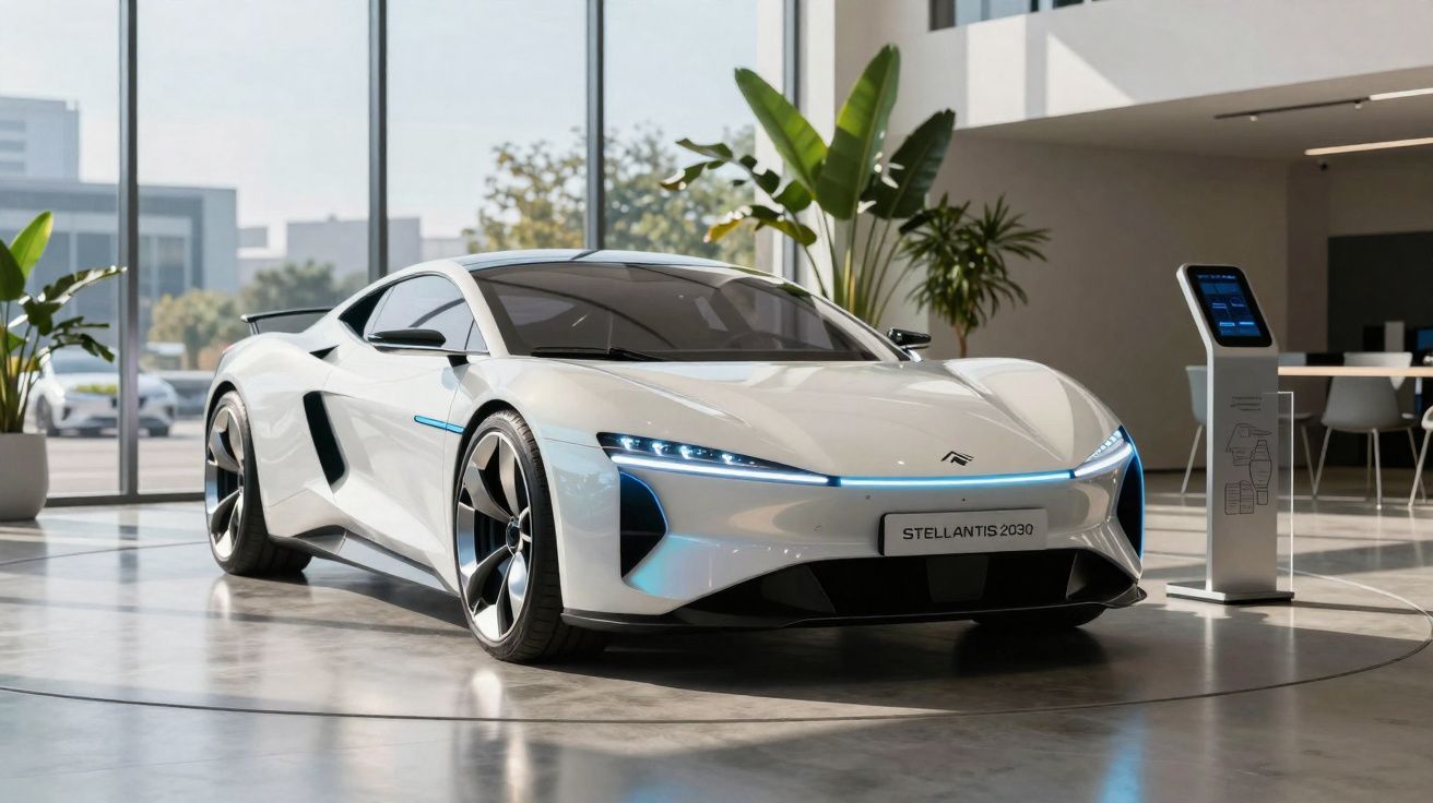 Voiture électrique blanche futuriste Stellantis 2030 exposée dans un showroom moderne lumineux avec grandes baies vitrées.