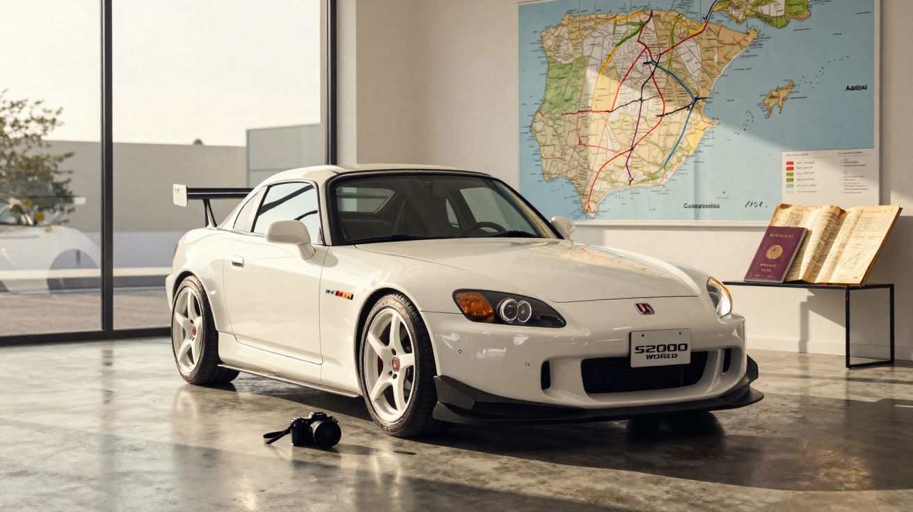 Voiture de sport blanche Honda S2000 garée dans un espace lumineux avec une carte et un appareil photo au sol.