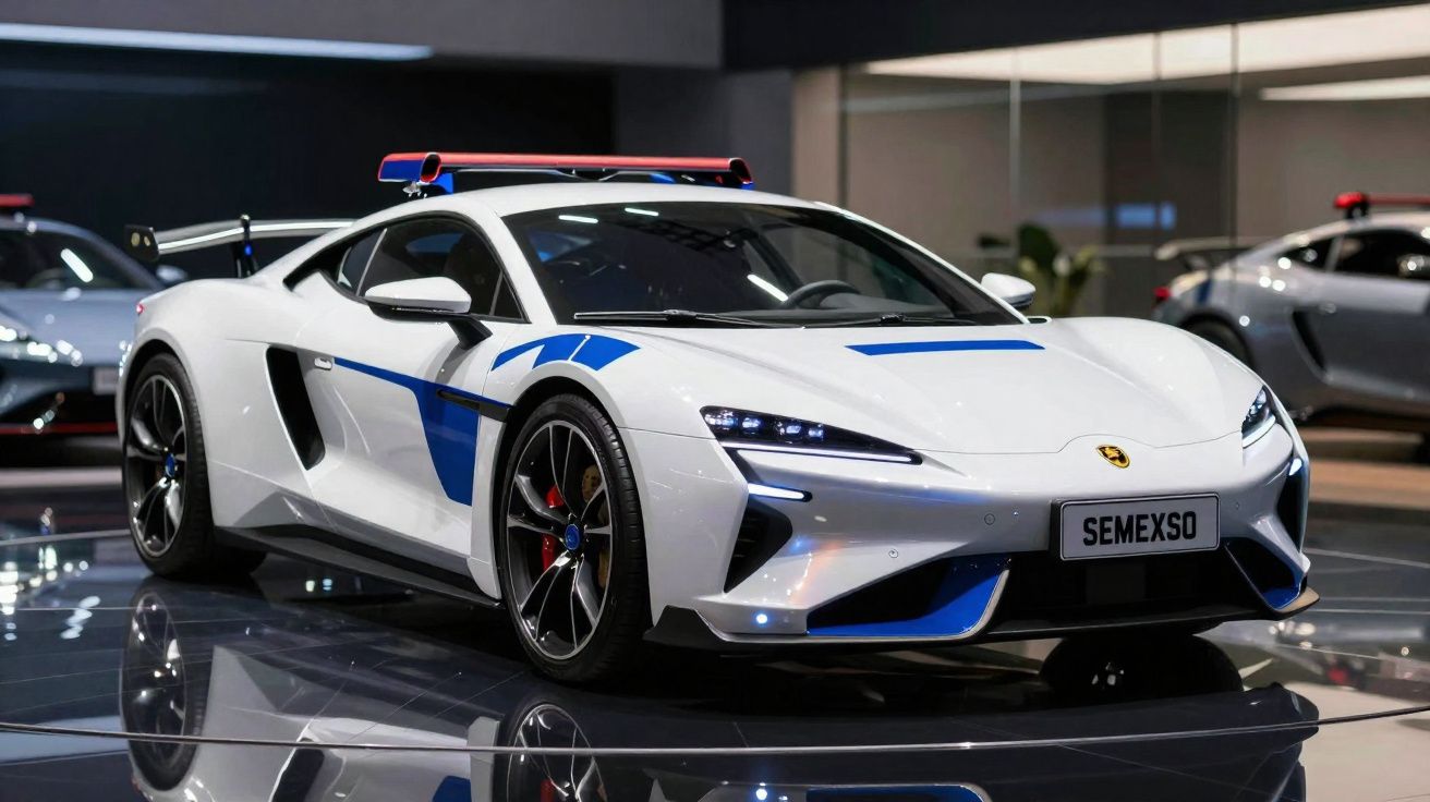 Voiture de sport blanche et bleue avec gyrophare rouge, exposée sur un sol brillant en intérieur.