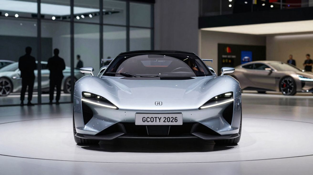 Voiture de sport grise futuriste exposée en salle avec plaque d'immatriculation GCOTY 2026.