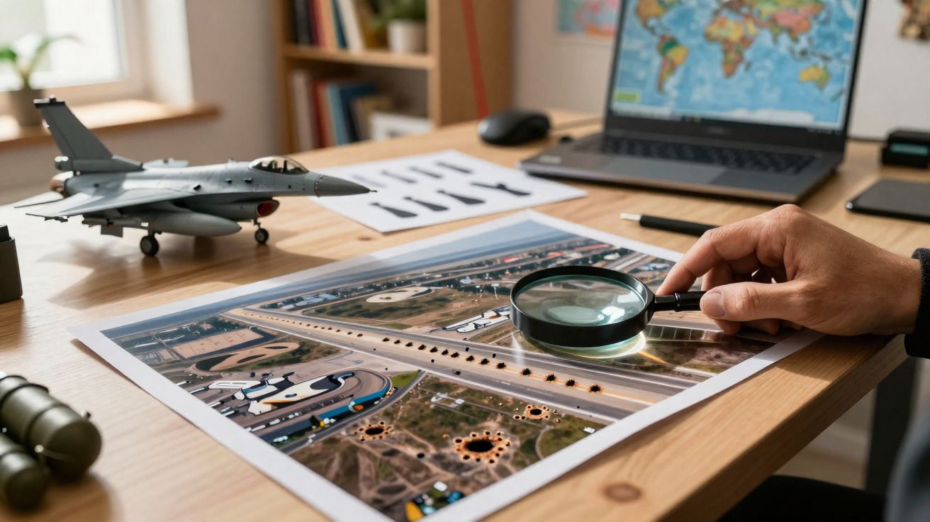 Main tenant une loupe sur une photo aérienne d'une base militaire avec un avion de chasse maquette sur un bureau.