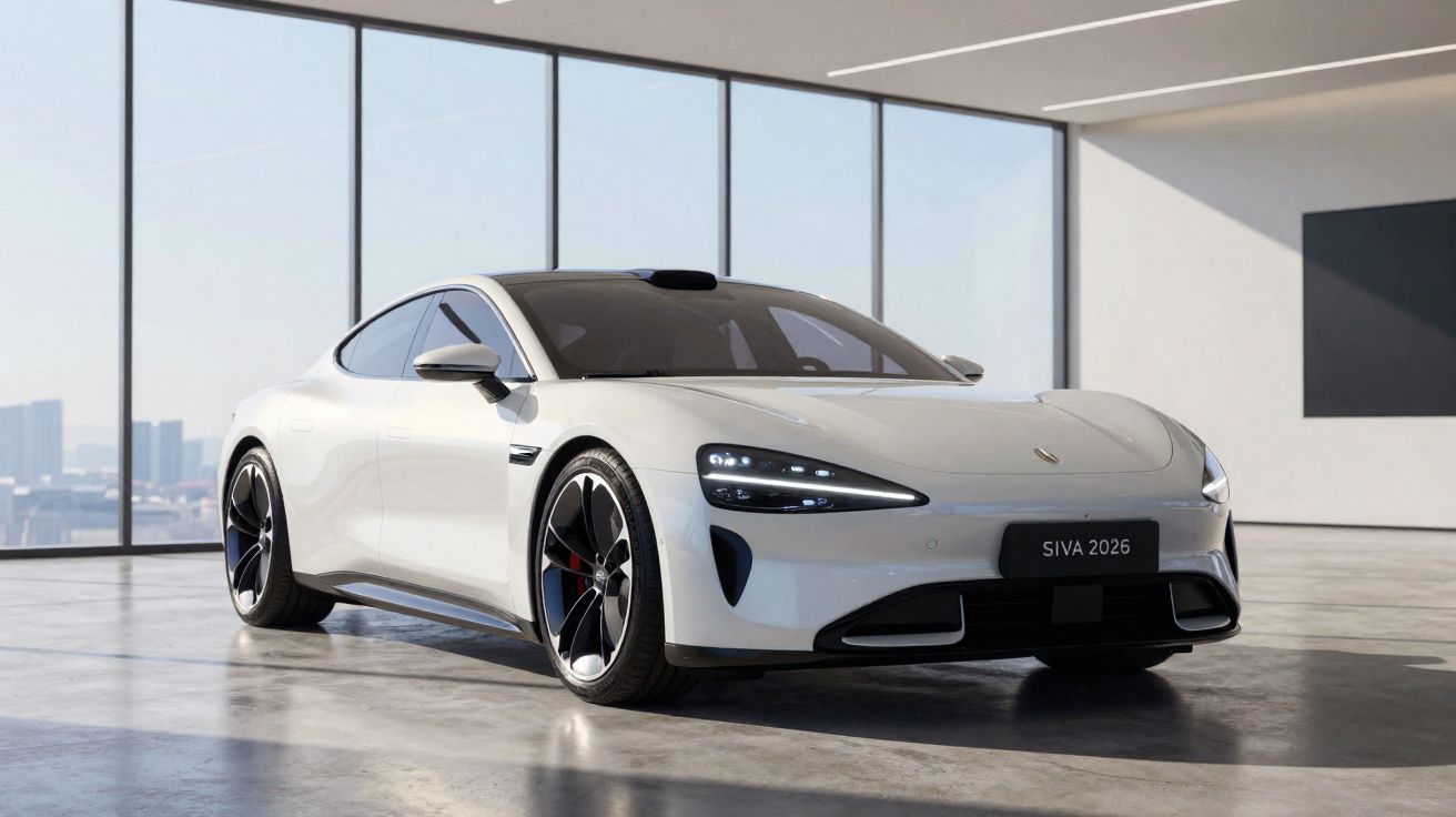 Voiture électrique sportive blanche SIVA 2026 dans un showroom lumineux avec grandes baies vitrées.