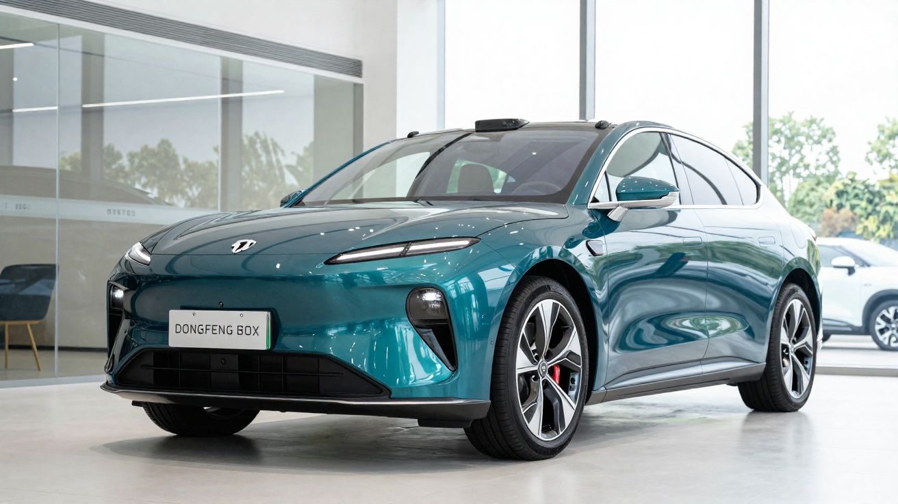 Voiture électrique berline Dongfeng 80X bleu métallisé exposée dans un showroom moderne lumineux.