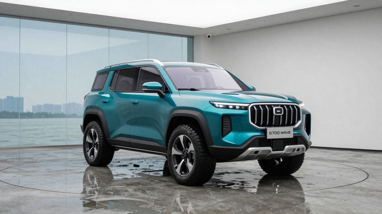 SUV vert bleu métallique G700 Wave sur sol mouillé dans un espace moderne avec vue panoramique sur l'eau.