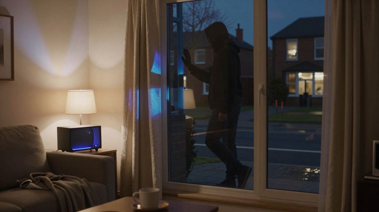 Homme encapuchonné tentant d'entrer par effraction dans une maison la nuit, silhouette vue à travers une porte vitrée.