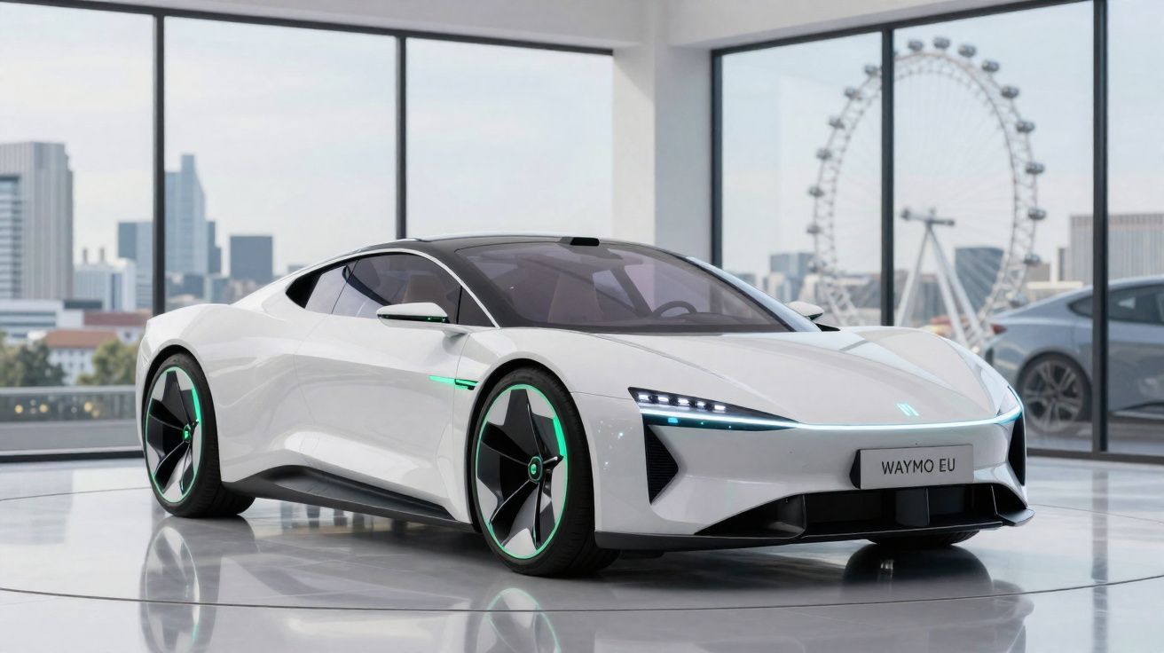 Voiture électrique blanche futuriste avec éclairage LED dans un showroom moderne avec vue sur la grande roue.
