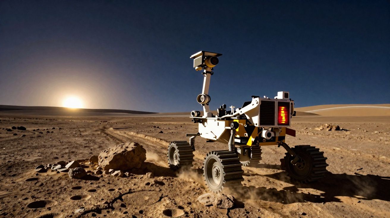 Rover d'exploration sur terrain rocheux extraterrestre avec le soleil bas à l'horizon.
