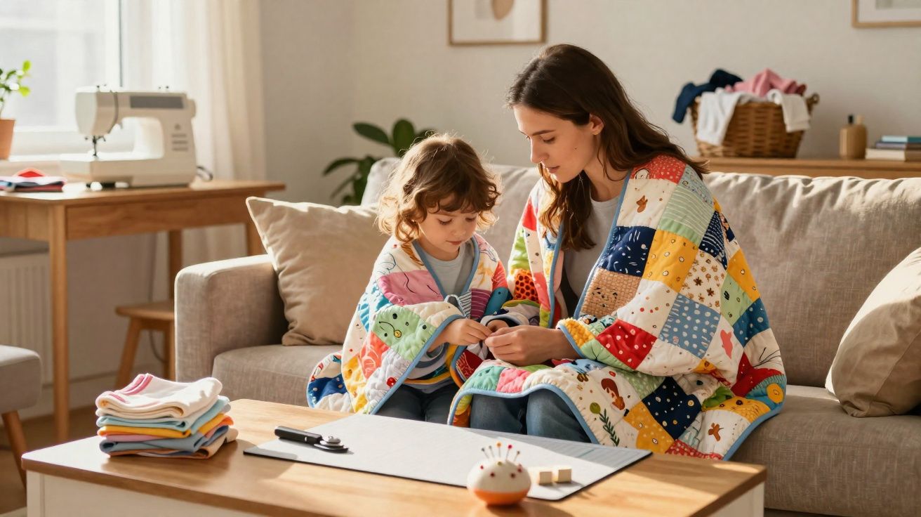 Mère et enfant assis sur un canapé, enveloppés dans une couverture patchwork colorée, cousant ensemble.