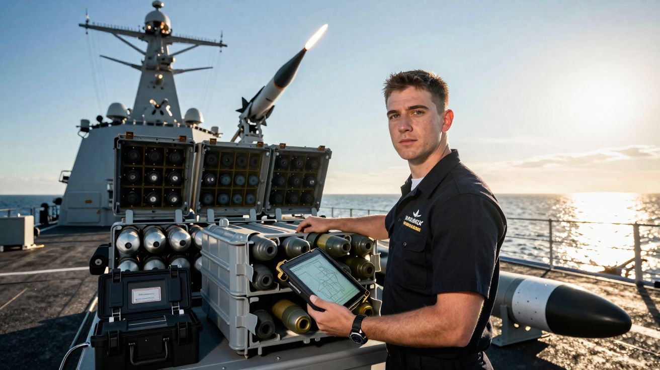 Militaire sur un navire de guerre vérifiant des munitions avec une tablette au coucher du soleil en mer.