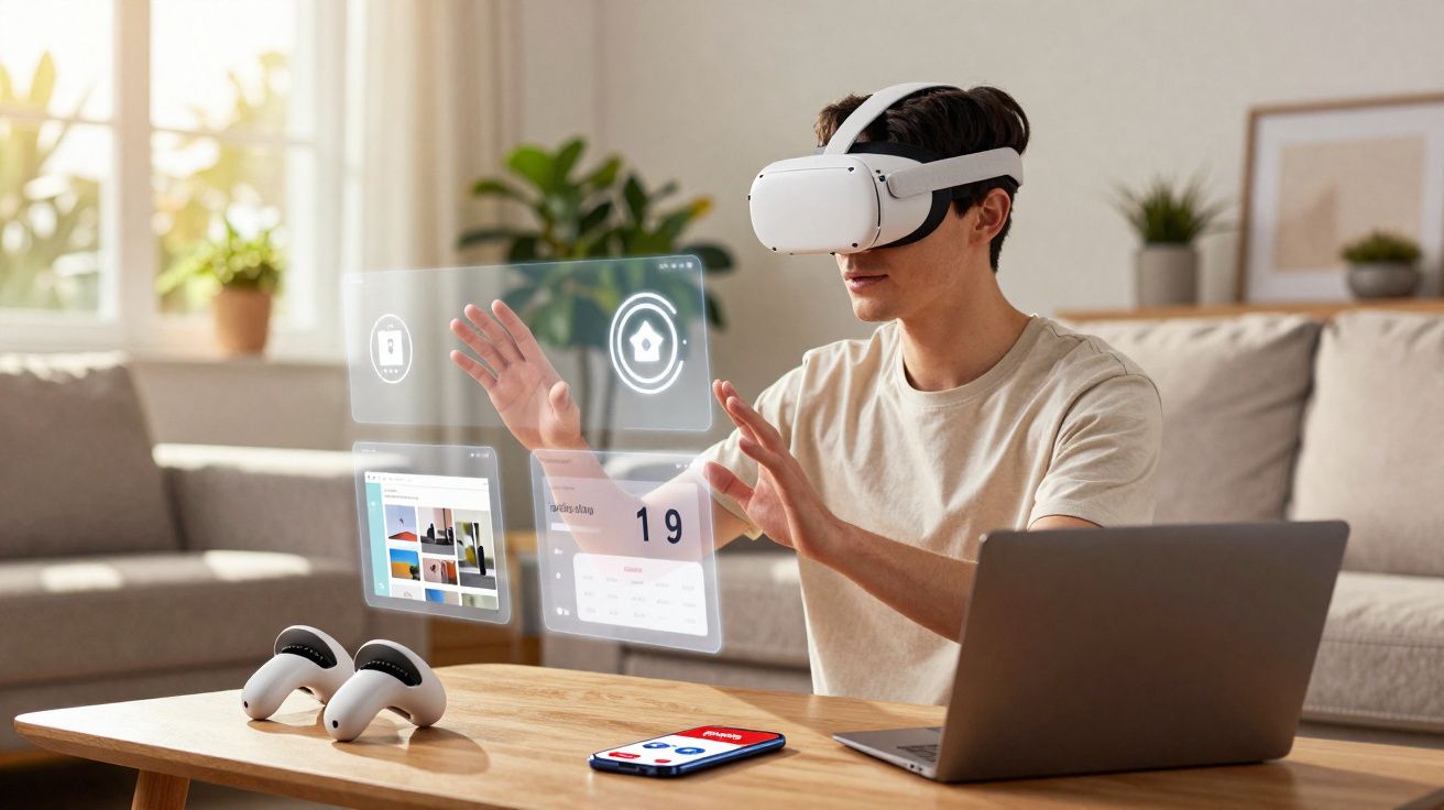 Jeune homme utilisant un casque de réalité virtuelle et interagissant avec des interfaces holographiques à domicile.