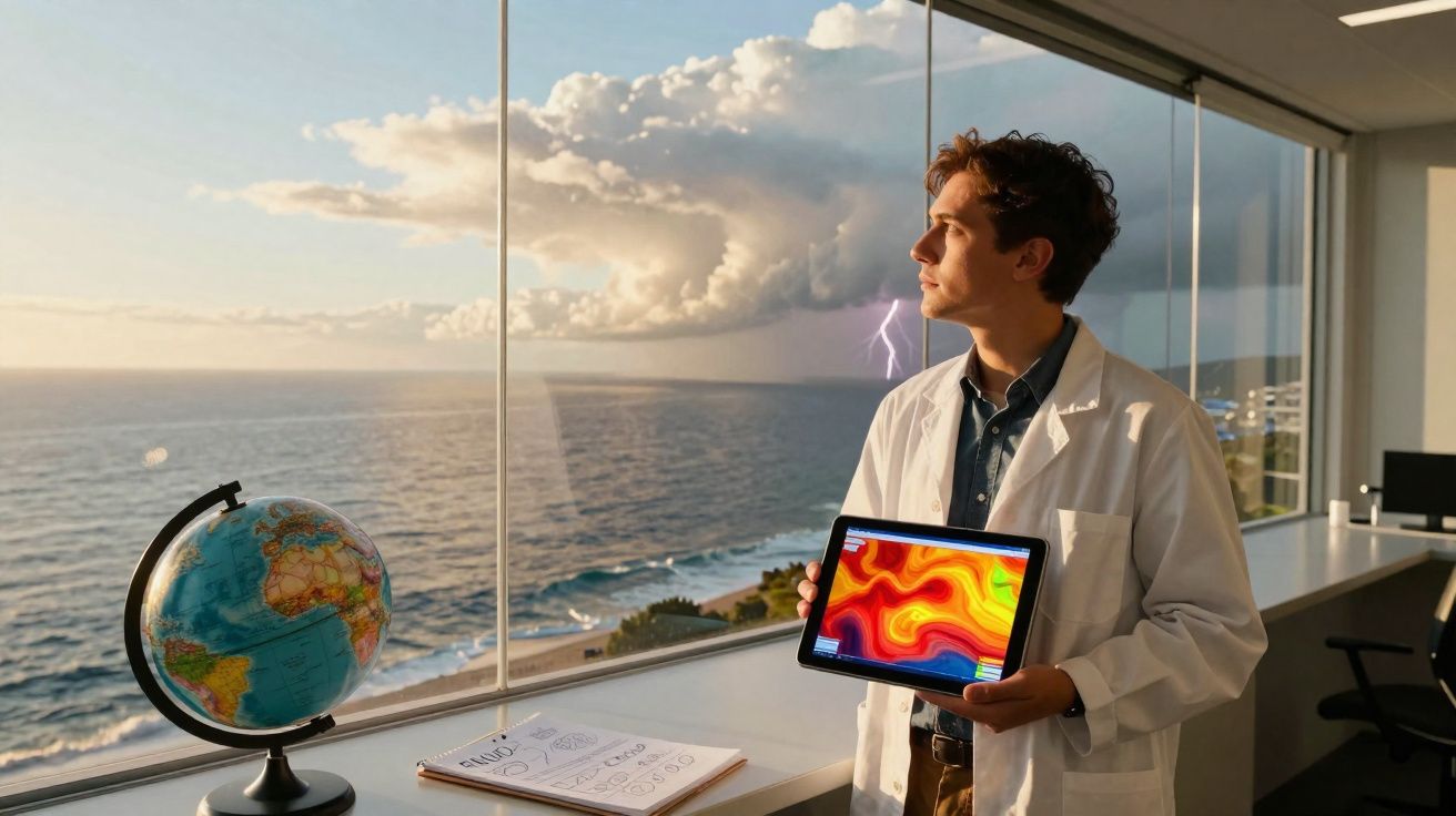 Homme en blouse blanche tenant une tablette avec une carte météorologique, vue sur orage en mer derrière une baie vitrée.