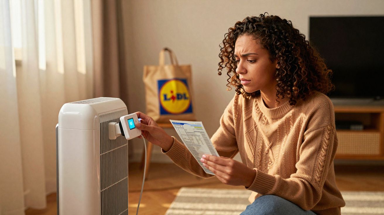 Femme inquiète réglant un thermostat connecté sur un radiateur, tenant une facture d’électricité dans un salon.