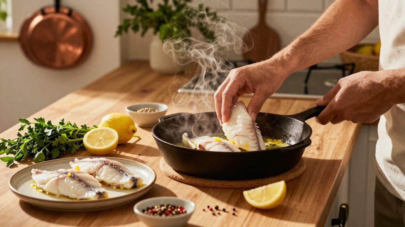 Poisson en cuisson dans une poêle avec des herbes fraîches, citron et épices sur un plan de travail en bois.