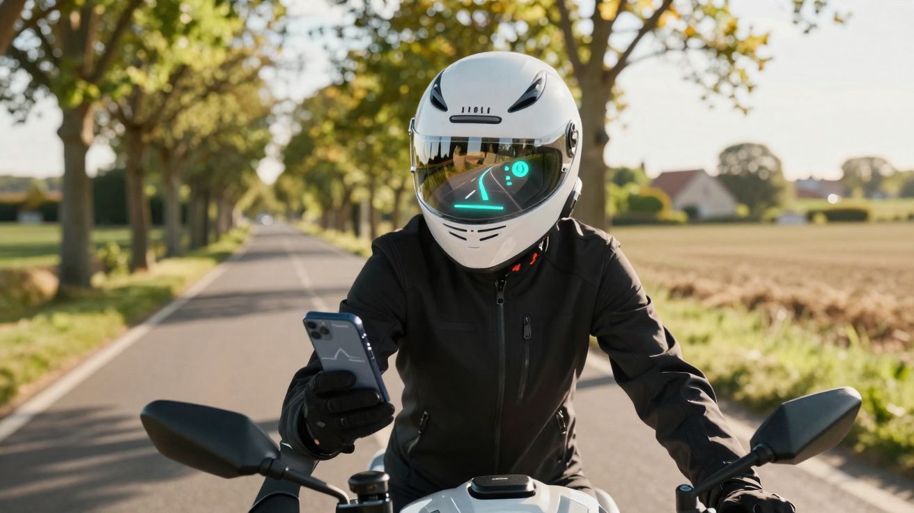 Motard avec casque blanc, veste noire, sur moto sur une route bordée d'arbres, tenant un smartphone.