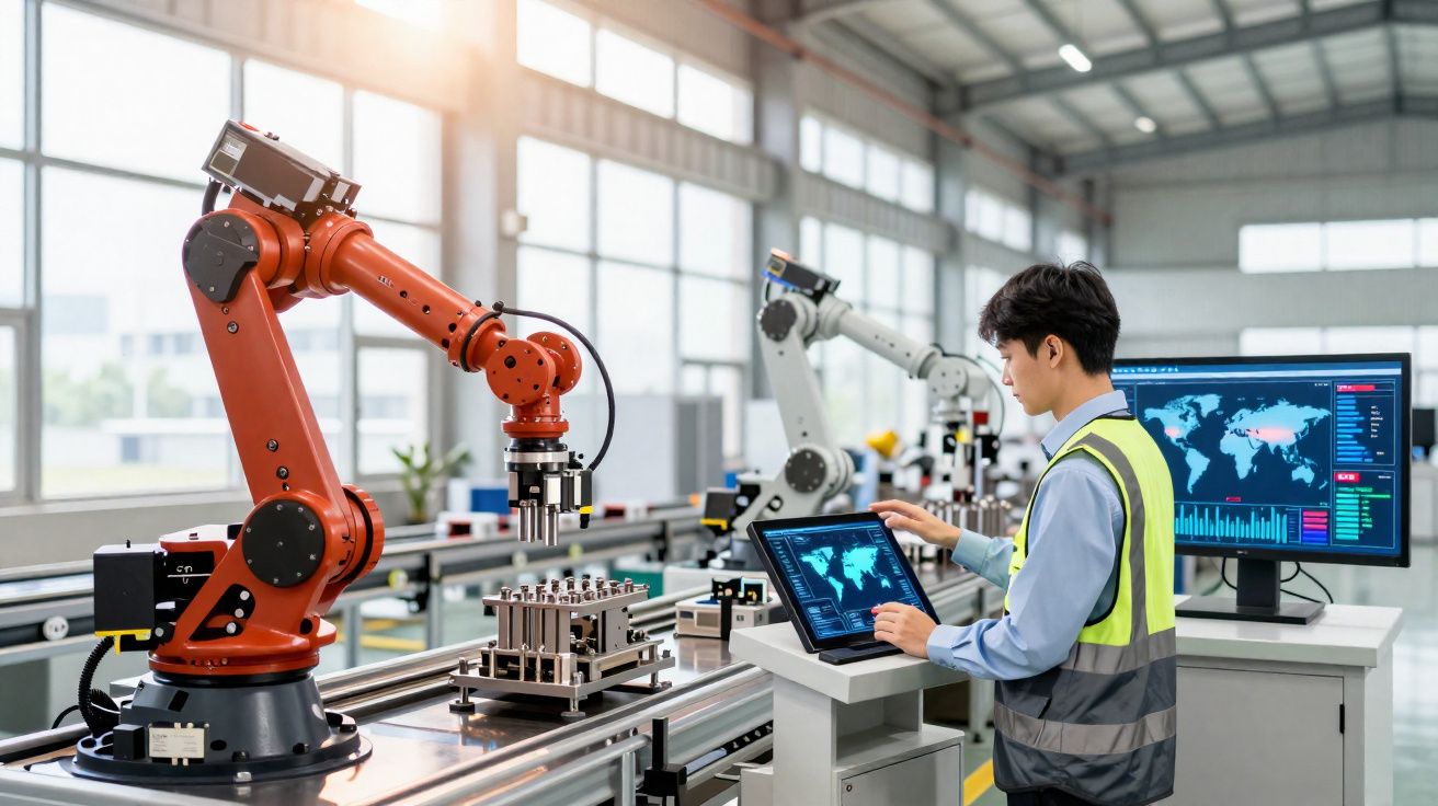 Technicien contrôle et programme un robot industriel rouge dans une usine de haute technologie.