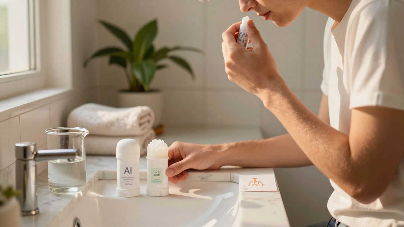 Homme testant un déodorant naturel au bâton dans une salle de bain lumineuse près d’un lavabo.