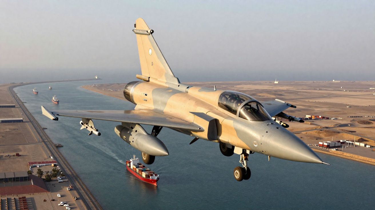 Avion de chasse militaire gris et beige en vol au-dessus d'un canal avec des bateaux cargos.