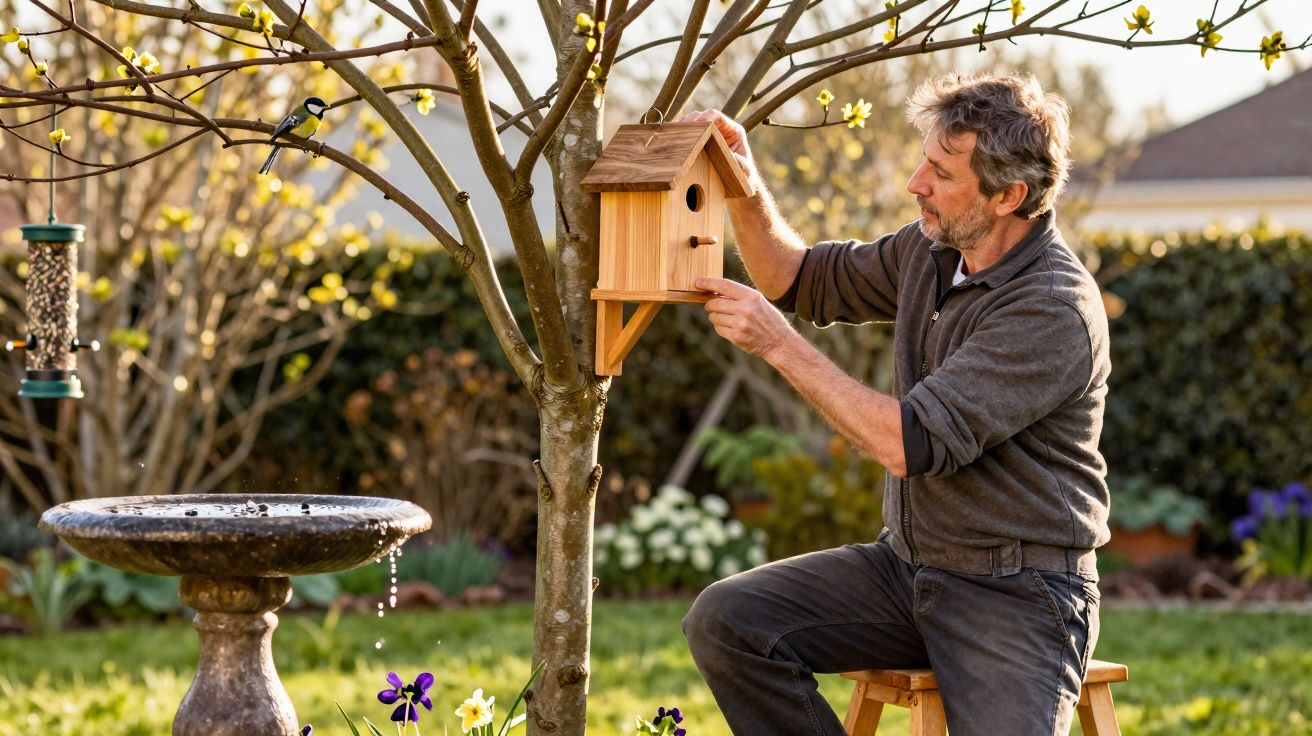 Homme installant une mangeoire en bois sur un arbre dans un jardin au printemps.