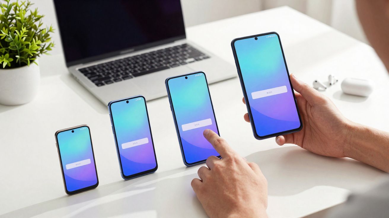 Quatre smartphones de tailles différentes alignés sur une table, mains interagissant, ordinateur et plante en arrière-plan.