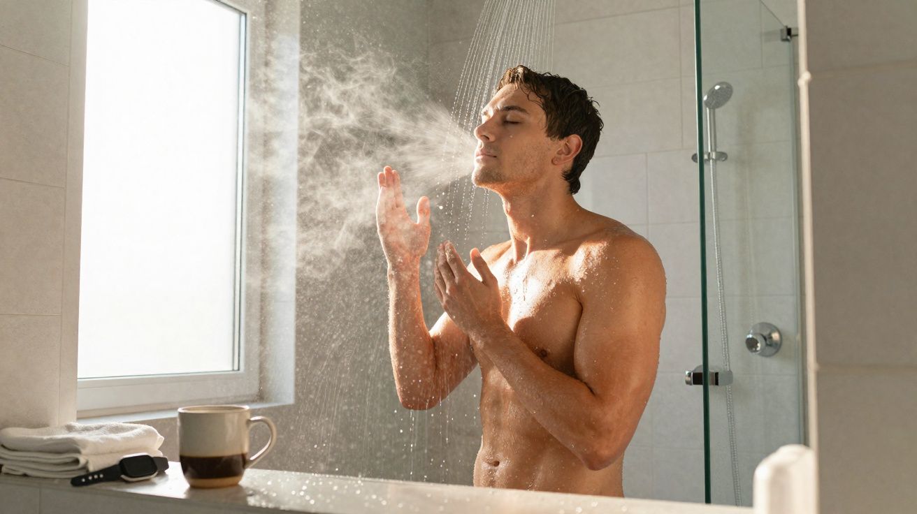 Homme sous la douche profitant de la vapeur d'eau dans une salle de bain moderne lumineuse.