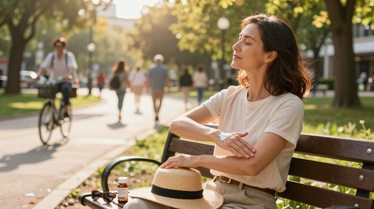 Femme appliquant de la crème solaire sur ses bras assise sur un banc dans un parc ensoleillé.