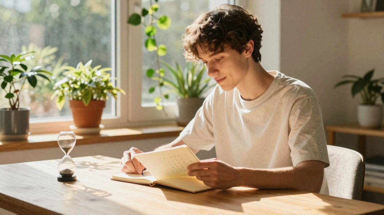 Jeune homme lisant un carnet assis à une table en bois près d'une fenêtre avec des plantes vertes.