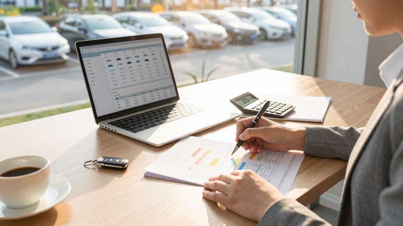 Personne travaillant sur un document avec un ordinateur portable, calculatrice et clés de voiture sur un bureau près d'une fe