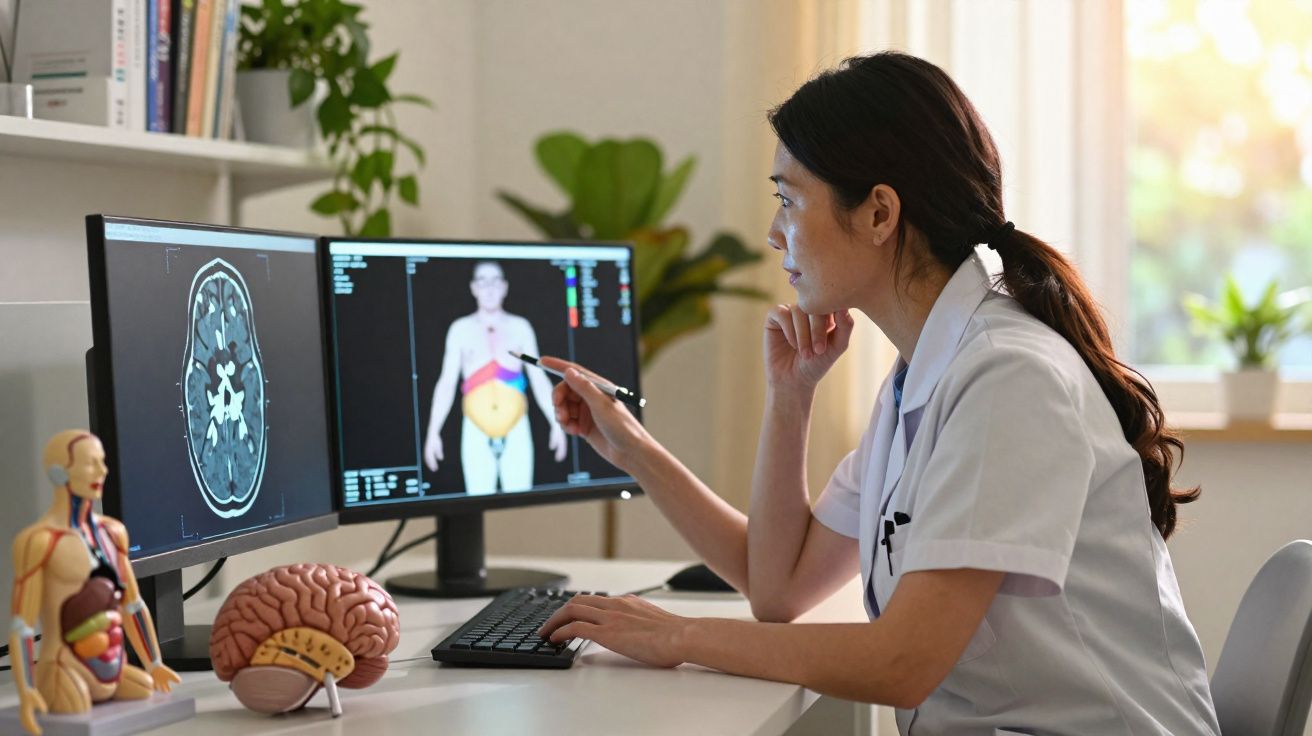 Femme médecin analysant des images médicales sur deux écrans dans un bureau avec modèles anatomiques au premier plan.