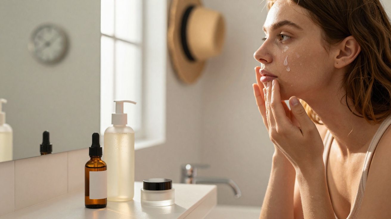 Jeune femme appliquant un sérum sur son visage dans une salle de bain lumineuse avec des produits cosmétiques.