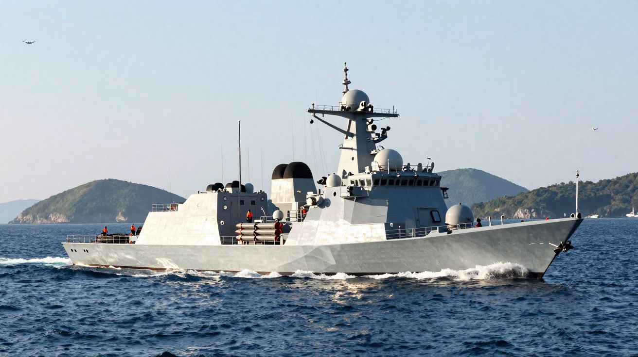 Navire militaire gris en mer avec des collines verdoyantes en arrière-plan sous un ciel clair.