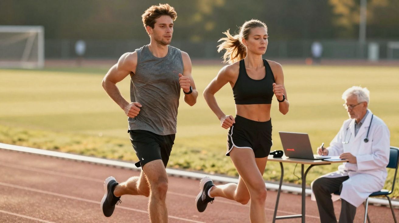 Un homme et une femme courent sur une piste d'athlétisme, surveillés par un médecin assis à une table.