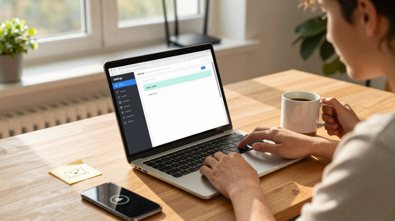 Personne utilisant un ordinateur portable avec une tasse de café et un smartphone posé sur une table en bois près d'une fenêt