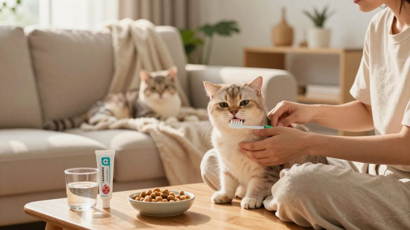 Personne brossant les dents d’un chat assis sur une table devant un bol de croquettes dans un salon.