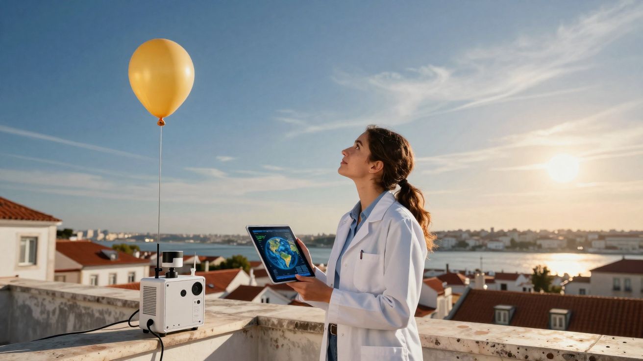Scientifique en blouse blanche contrôle un capteur au ballon météo sur un toit au coucher du soleil.