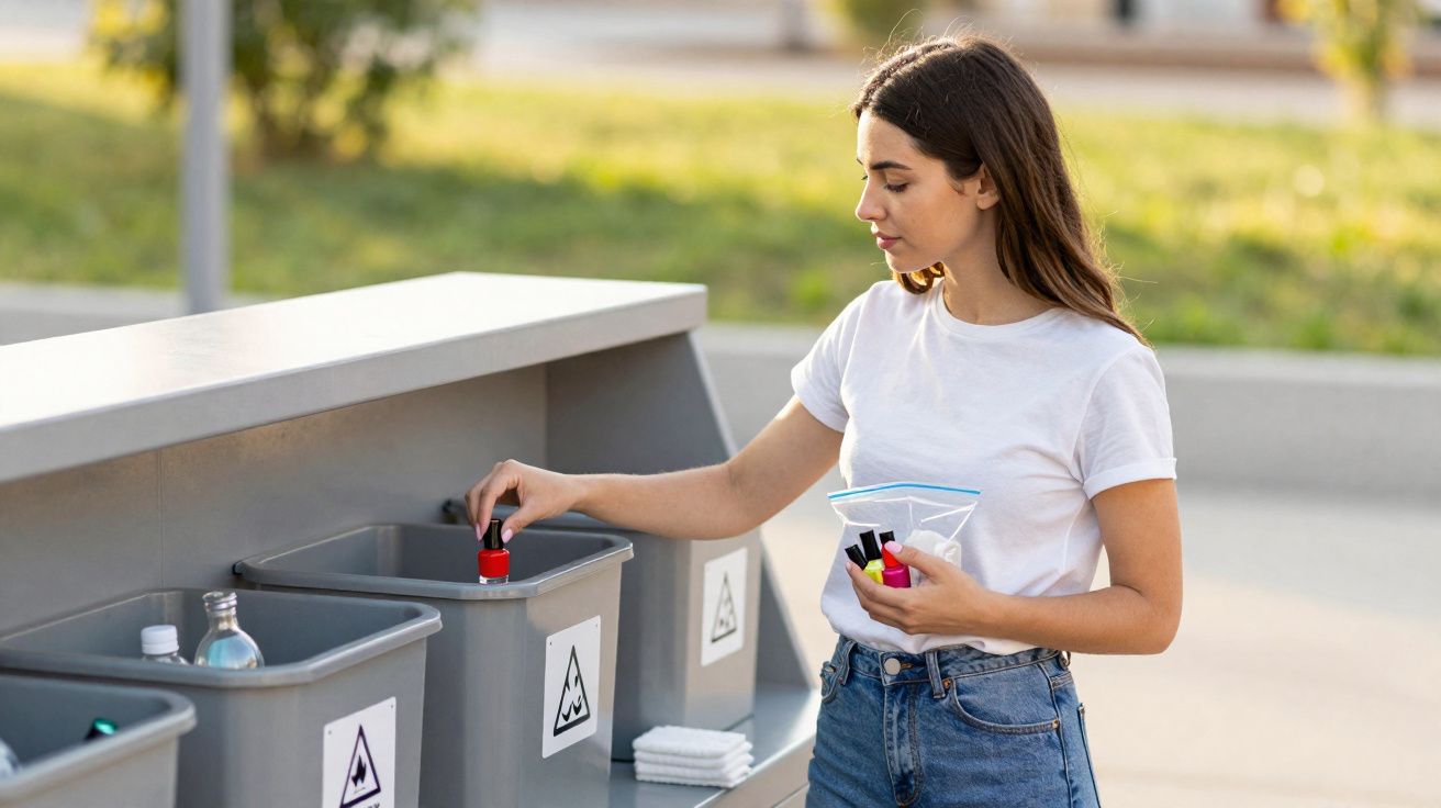 Jeune femme déposant une bouteille en plastique dans une poubelle de tri sélectif en plein air.