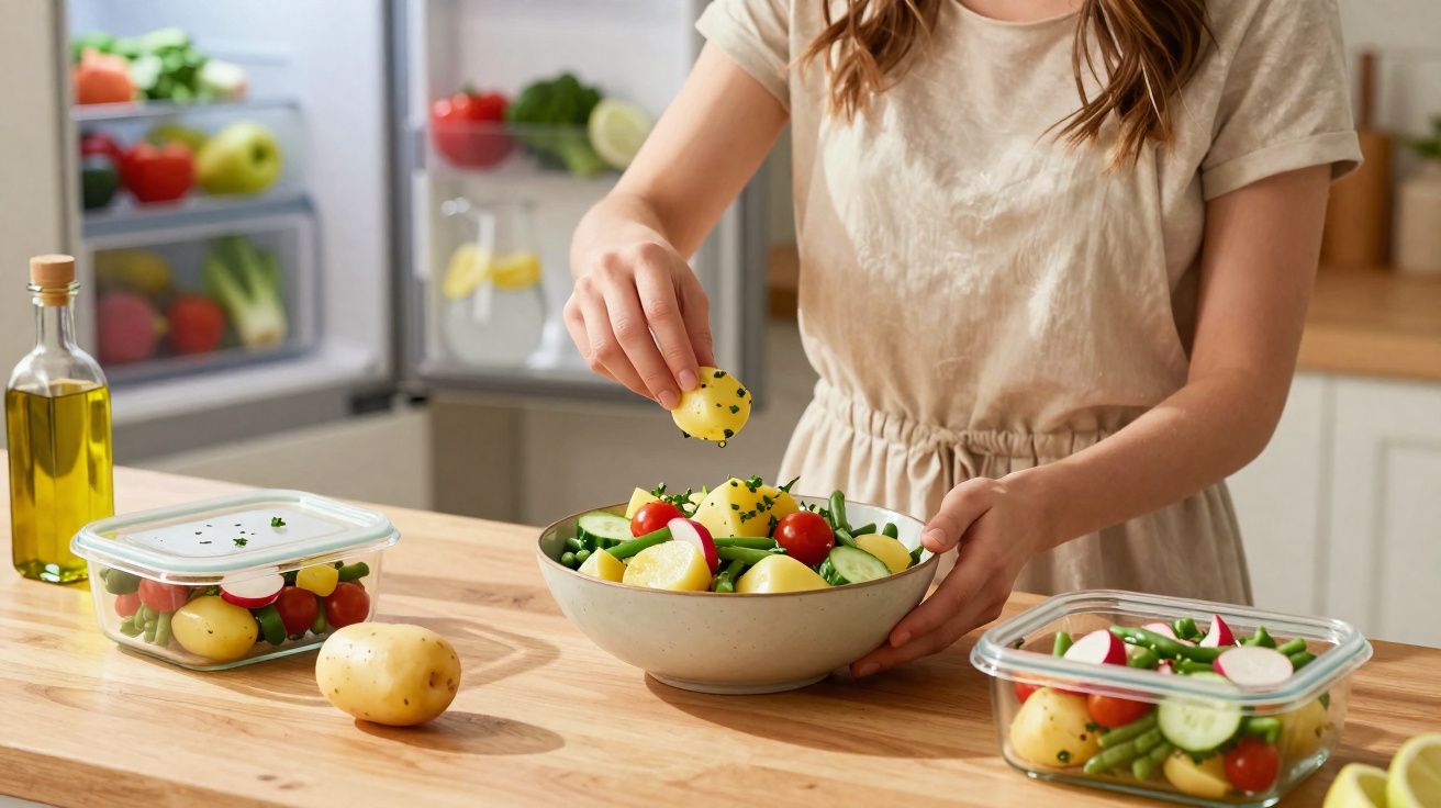 Personne préparant une salade de légumes frais dans une cuisine moderne avec bocaux de salade sur le plan de travail.