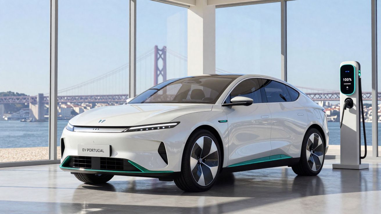 Voiture électrique blanche en charge avec pont et rivière visibles à travers les grandes fenêtres.