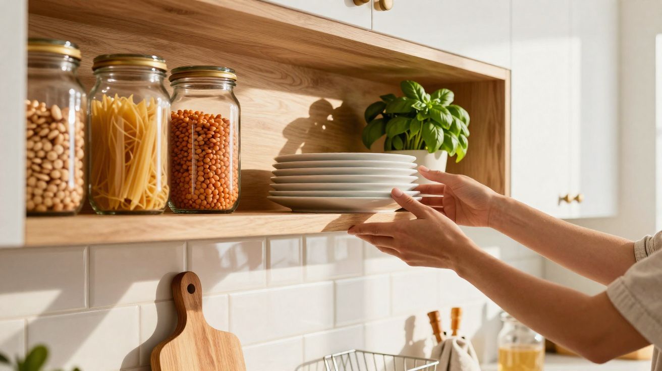 Mains plaçant des assiettes blanches sur une étagère en bois avec bocaux alimentaires et plante verte.