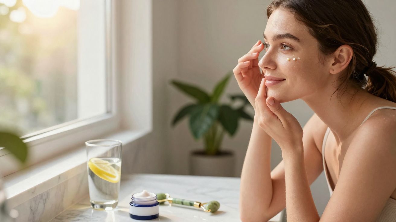 Femme appliquant une crème hydratante sur son visage près d’une fenêtre avec plantes et verre d'eau citronnée.