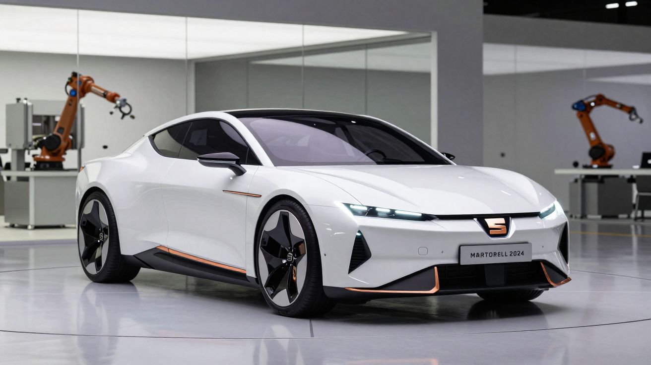 Voiture blanche électrique design sportif avec phares LED, dans un atelier moderne avec robots industriels.
