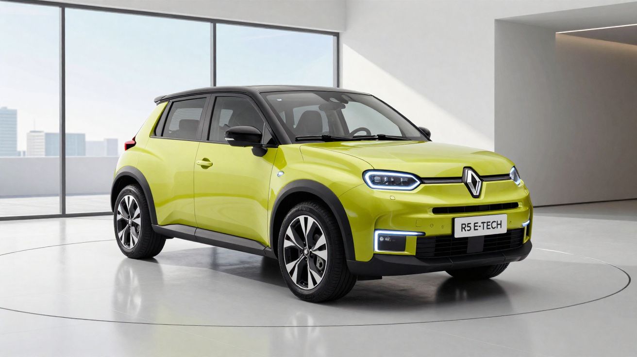 Voiture électrique Renault R5 E-Tech jaune citron vue trois quarts avant dans un showroom lumineux.