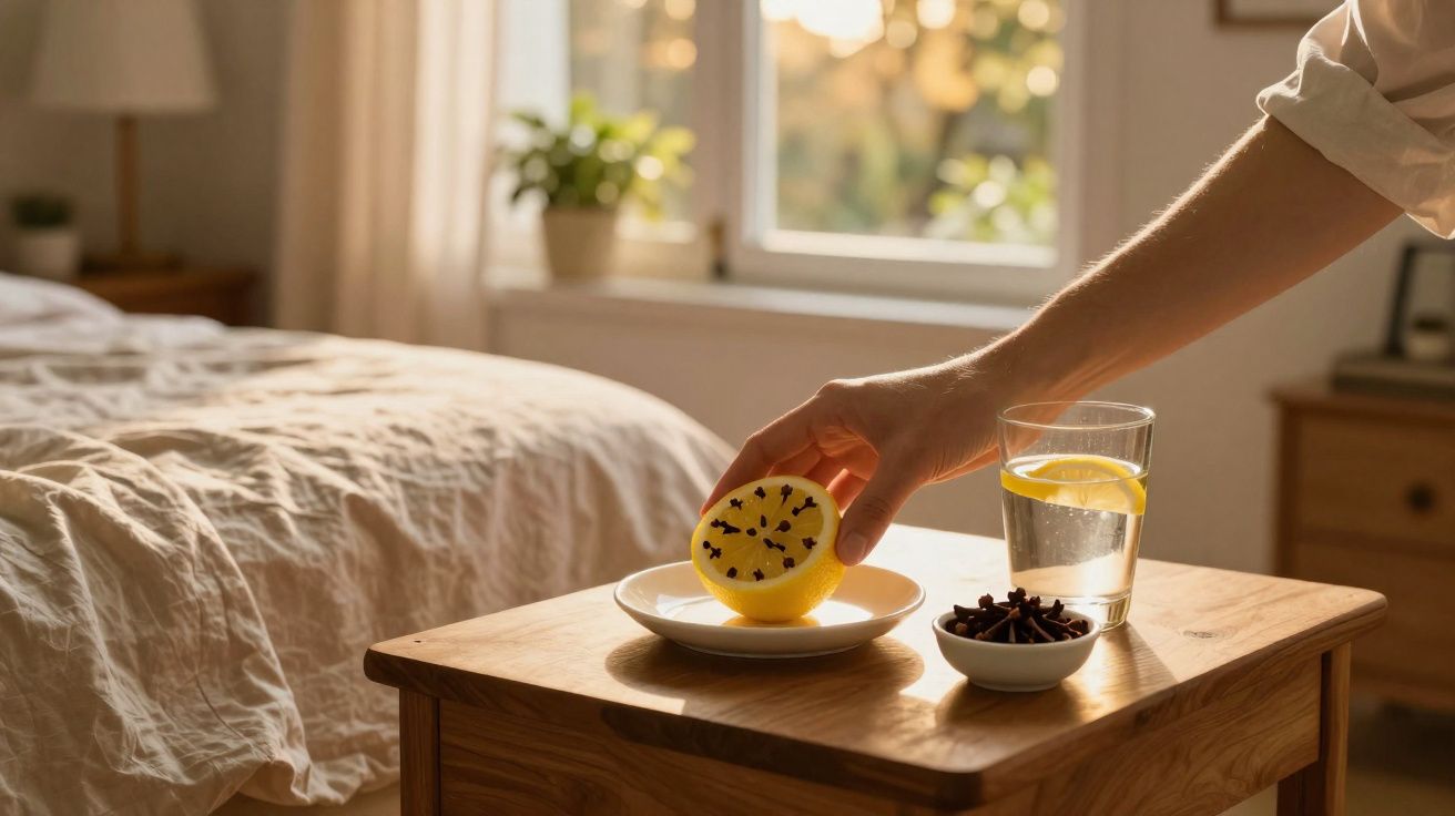 Main plaçant un citron clouté sur une assiette près d'un verre d'eau citronnée sur une table de chevet en bois.