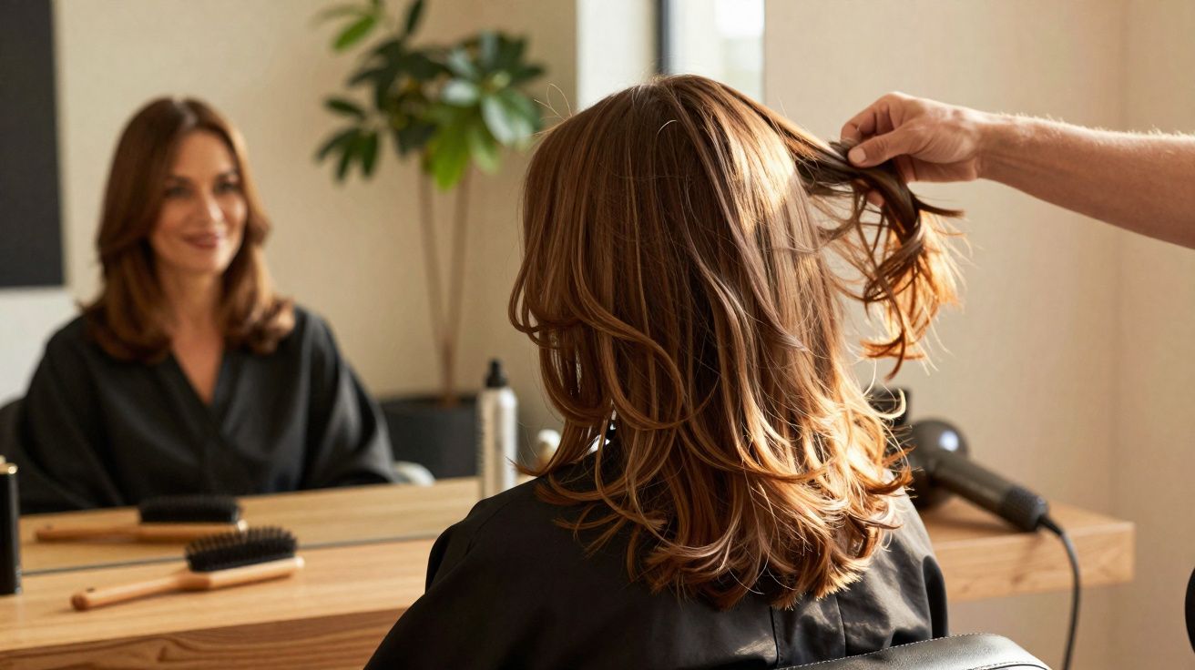 Femme assise chez le coiffeur, vue de dos, avec main soulevant une mèche de ses cheveux bruns ondulés.